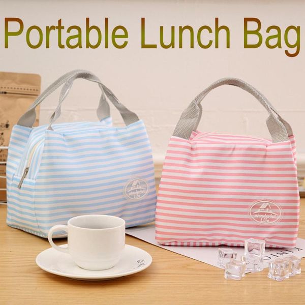 

portable lunch bag insulated cold canvas stripe picnic carry case thermal bag for kids women girls ladies man lunch #yj, Blue;pink