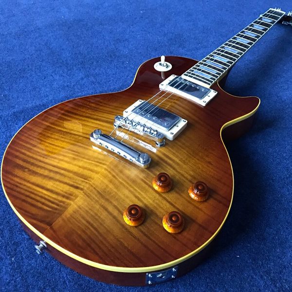 

custom shop 1959 r9 big fat flame maple amber brown sunburst electric guitar yellow body binding, humbucker pickups, cream pickguard
