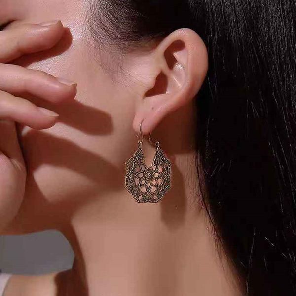 

ethnic style antique carved earrings women boho metal hollow earrings elegant retro temperament personality ear jewelry, Silver