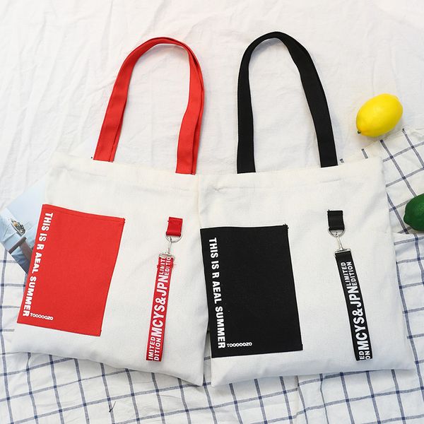 

hazy beauty black red ribbon shopping eco bag woman casual school book canvas bag korean preppy single shoulder patchwork totes