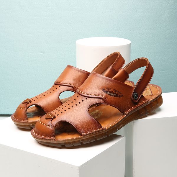 

sandals men handmade sewing leisure beach casual shoes outdoor genuine leather men's, Black