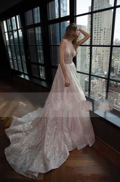 

2020 new glamorous berta wedding dress plunging v neck a-line backless shiny glitters fabic latest bridal gowns custom made 622, White