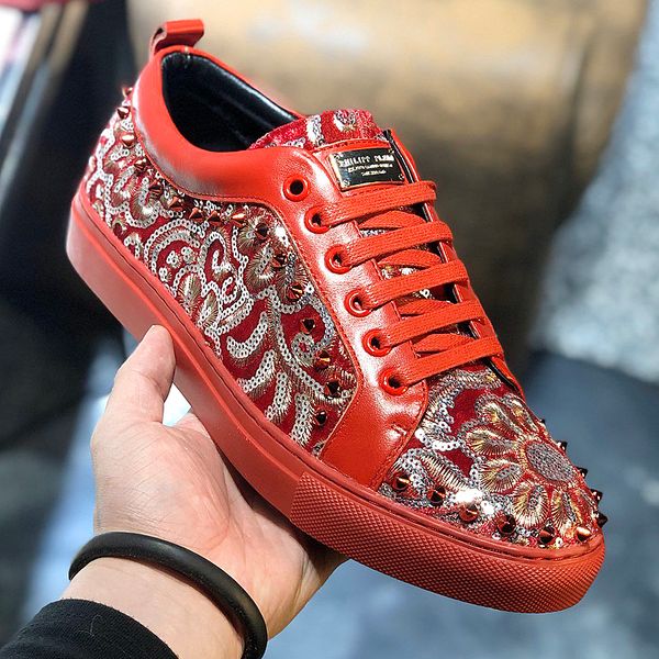 

new luxury highquality mens casual shoes, lowgold and silver rhinestone crystal red bottom sneakers, fashionable mens comfortable fl qr, Red;white