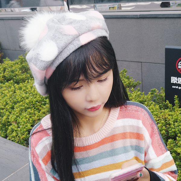 

hats 2019 japanese lovely dot beret woman autumn winter thickening painter hat adjustable hair ball big points, Blue;gray