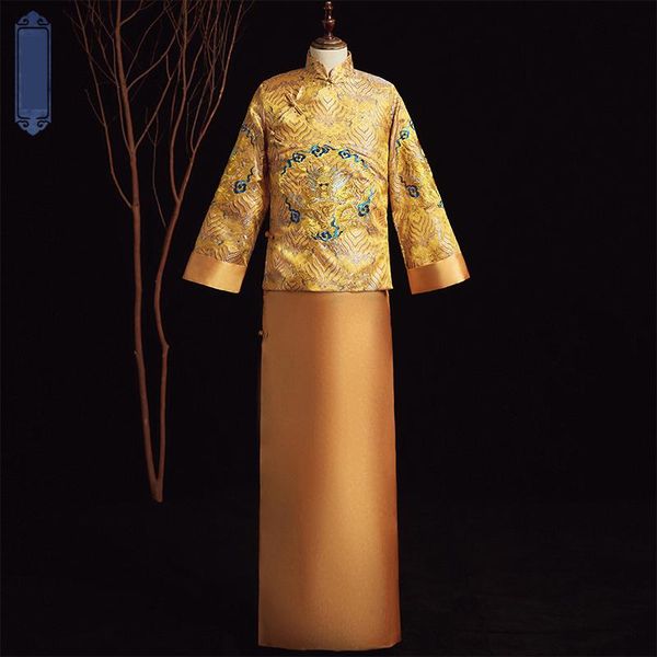 

cheongsam men wedding bridegroom satin vintage button evening costume mandarin collar long robe gown embroidery dragon suit, Red