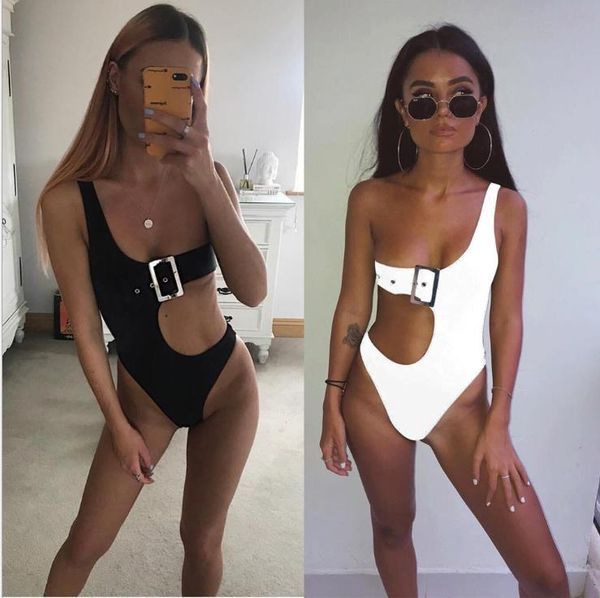 

single shoulder of pure colored button connected swimming suit in 2019 conjoined bikini conjoined swimsuit woman