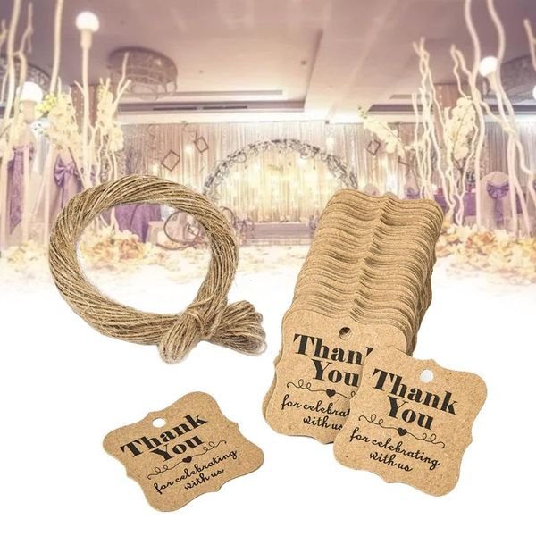 

100шт спасибо diy подарок tag wrap празднование украшения baby shower письмо версия для печати браун бумаги висячие birthday party с тросом