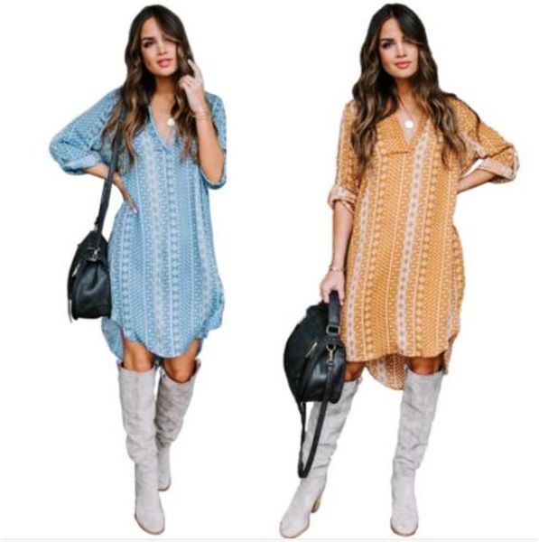 

women dresses casual loose half sleeved v neck shirt dresses fashion womens dresses vintage printed designer, Black;gray