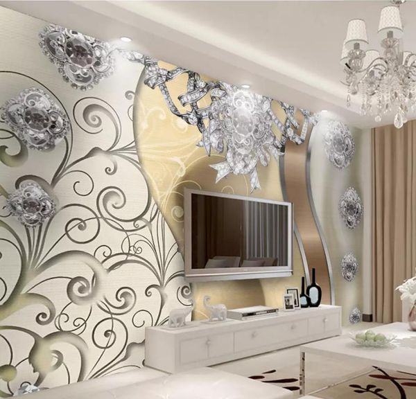 

european golden lace jewelry flower tv background wall modern living room wallpapers