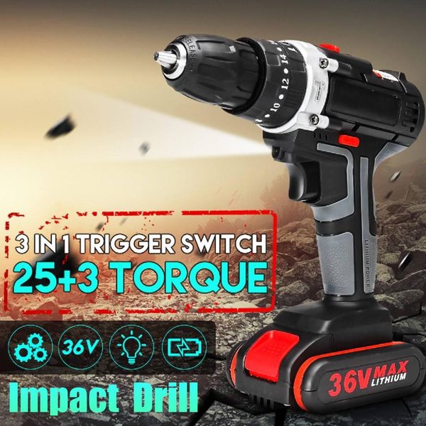 

36v electric impact drill diy home decor electric screwdriver wireless cordless drill 1/2 li-ion battery power tools