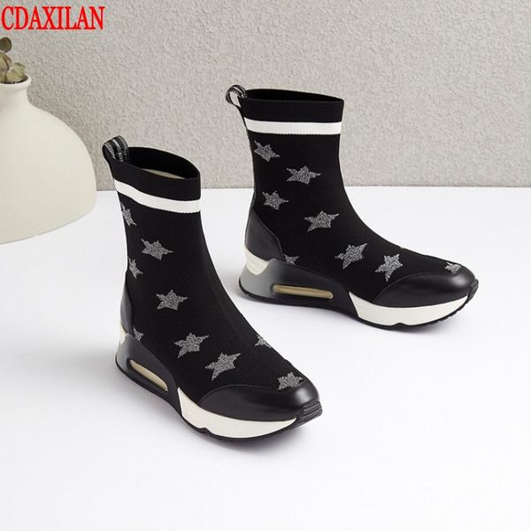 

cdaxialn new arrived women's short boots breathable with elastic boots made of genuine cow leather knitting mid-calf, Black