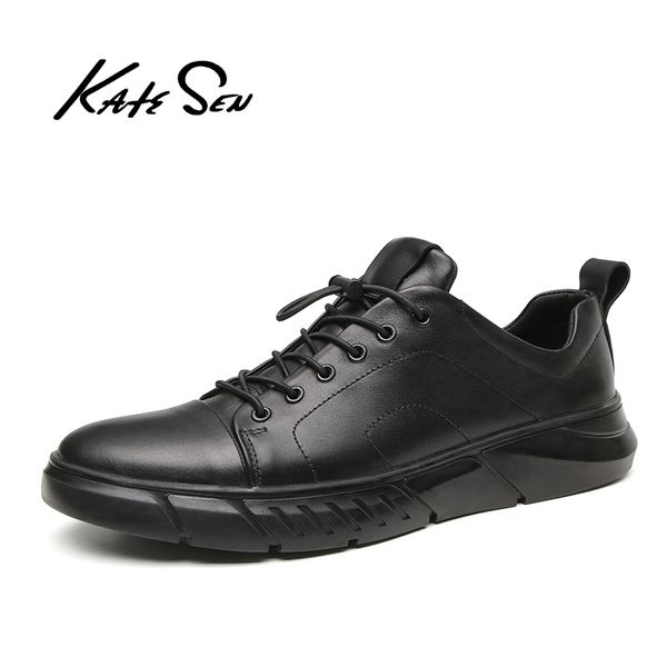 

katesen men shoes men causal shoes large size new leather man loafers sneakers british dress lace-up male leisure, Black