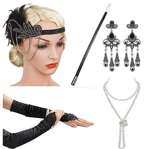 

fashion luxury designer black crystal diamond sequins vintage gypsy feather tassel headbands hair jewelry gloves pearl necklace earring set, Slivery;golden