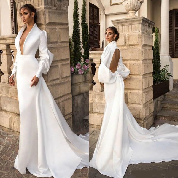 

2020 country white satin mermaid wedding dresses deep v neck long sleeve garden sweep train plus size backless wedding dress bridal gowns
