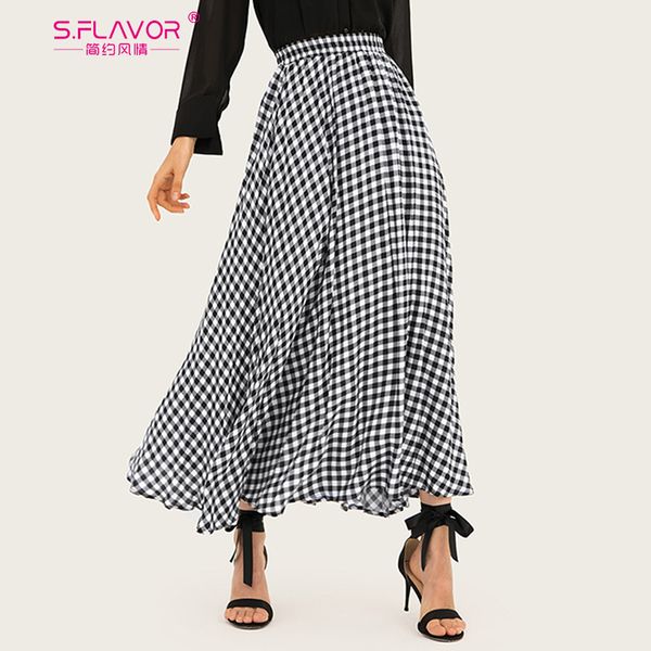 

s.flavor 2020 new fashion plaid long skirt women spring summer classic vintage skirt high waist big hem pleated skirts, Black;gray