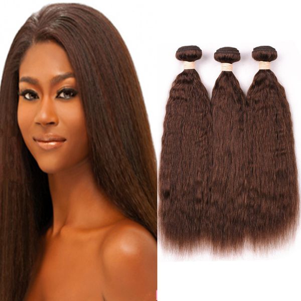 

#4 chocolate brown kinky straight peruvian human hair weave bundles 3pcs medium brown human hair weft extensions coarse yaki hair weaves, Black