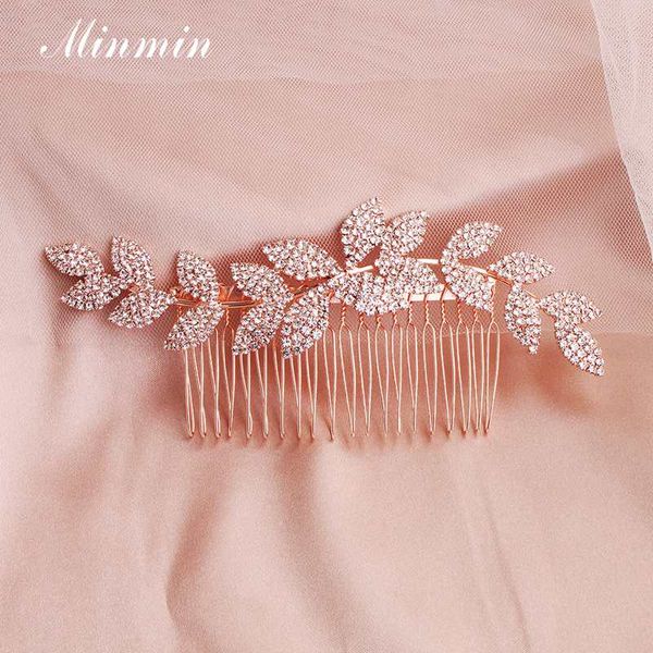 

minmin unique leaf shape wedding crystal hair combs rosegold rhinestone bridal hair accessories luxury sparkling jewelry for women, Golden;white
