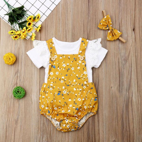 

3pcs newborn baby girl clothes romper +overalls shorts+floral 3pcs summer outfits, White