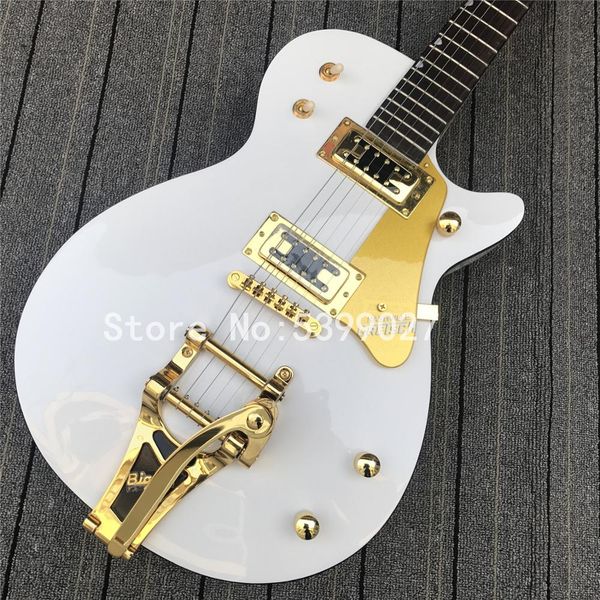 Custom Limited Gre Solid Body 6120 White Falcon Elektro Gitar Bigs Tremolo Bridge, Golden Hardware, Nail Inlay, Gold Pickguard