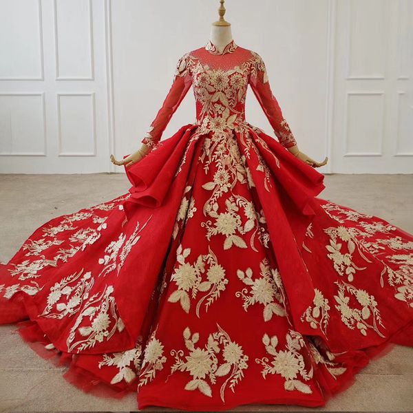 

latest design long sleeve muslim wedding dresses illusion high neck handmade appliques long train red bridal gowns abiye gece elbisesi, White