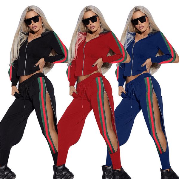 

Autumn Womens Zipper Tracksuits Sexy Female Sports Hooded 2Pcs Set Fashion Designer Striped Printed Clothing