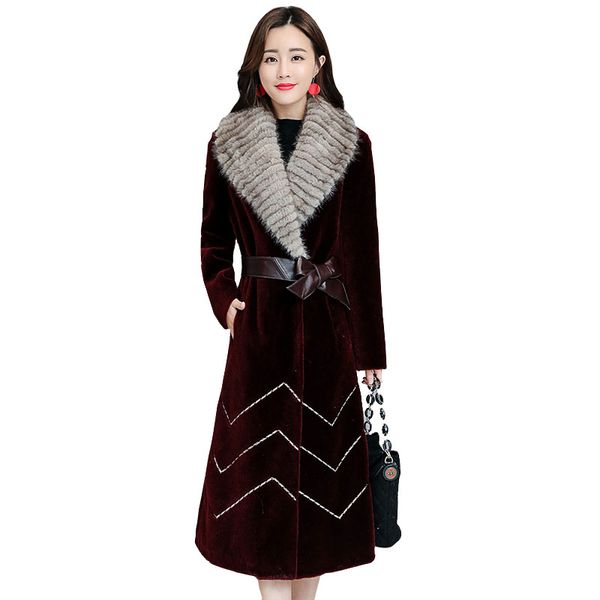 

2019 new women's winter leather grass coat sheep sheared fox fur long outer slim thick warm double-faced fur jacket, Black
