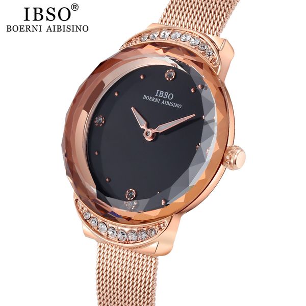 

ibso new women's crystal design quartz watch ultra-thin wrist watches female stainless steel mesh strap watch, Slivery;brown
