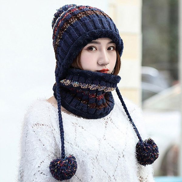 

winter knit hats scarf sets for women girls cute fur warm thick windproof ring scarves beanies knitted caps with pompom 2pcs red, Blue;gray