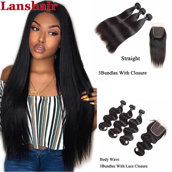 

бразильский прямой человеческих волос пучки малазийский объемная волна кружева закрытие бразильская глубокая волна переплетений пучки волос, Black