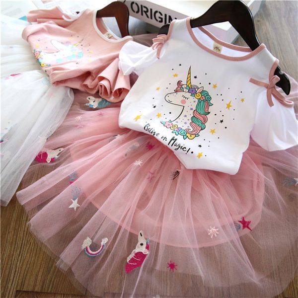 

unicorn girls clothes 2 colors unicorn printed short sleeve t-shirt+tutu dress 2pcs kids clothes set kids designer clothes girls jy304, White