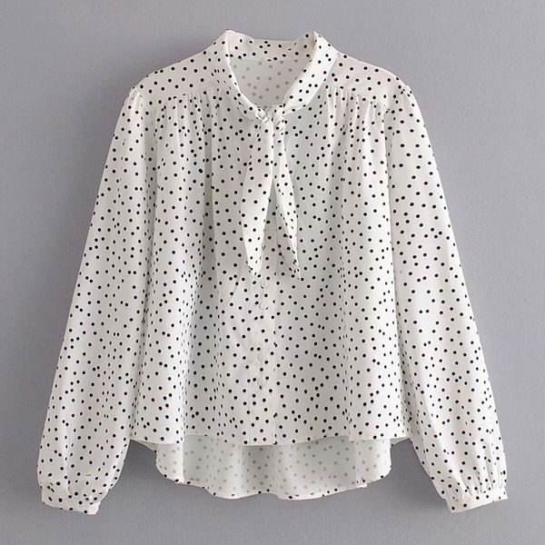 

zoepo spring casual bow tshirts women fashion loose thin dot printed women elegant long sleeve tees female ladies cx, White