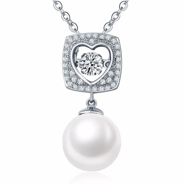 

beautiful charms pendant 100% real 925 sterling silver jewelry dancing diamond & pearl heart dangle pendant necklace for women