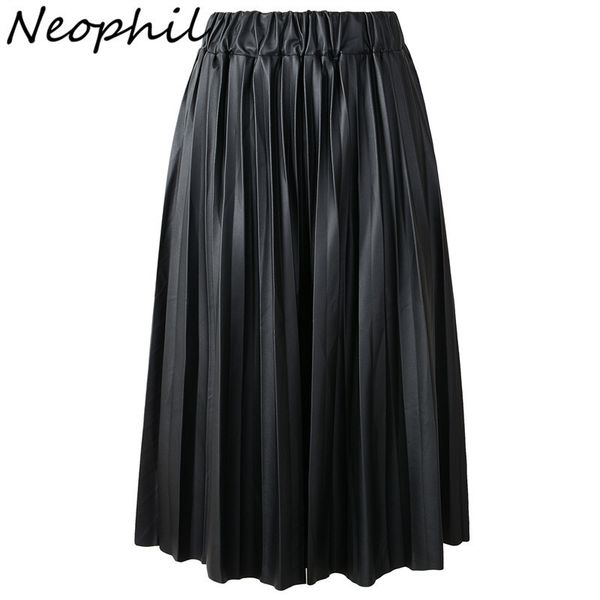 

neophil 2019 winter ladies black pu faux leather skirts midi pleated high waist vintage basic mid-calf women longa saia s1927, Black;gray