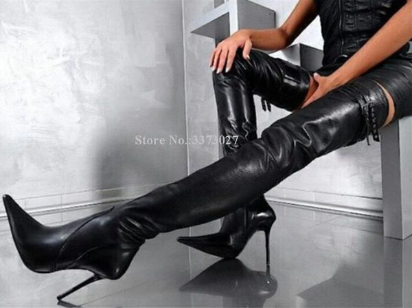 

black leather buckle thigh high boots woman pointed toe thin heel thin legs over-the-knee long boots lady large size