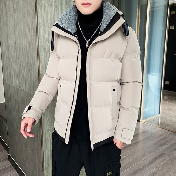 

новая зимняя куртка из овчины мужчины теплый мода solid color повседневный воротник пальто человек street wild сыпучие хлопка куртка мужская, Black