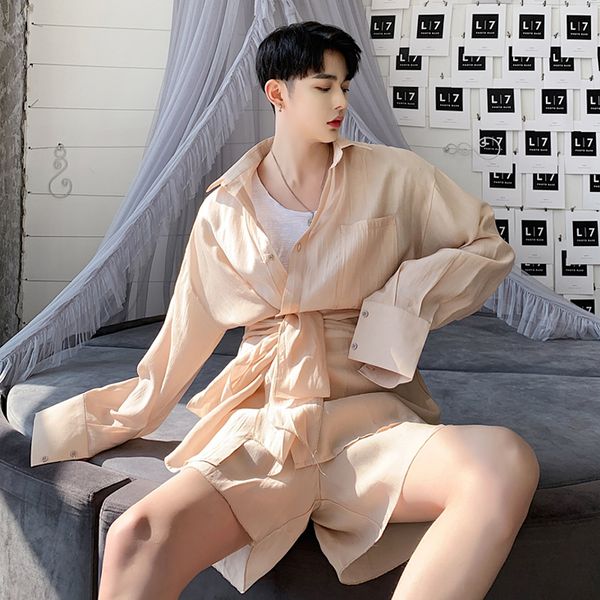 

xxlearly summer tide models loose shirt shorts suit tide brand men's belt long-sleeved shirt korean flavor chic pants, Gray