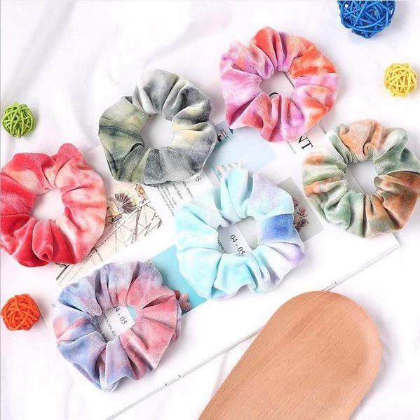 Velvet Hair Scrunchies Tie Dye Hair Band Stretchy Rainbow