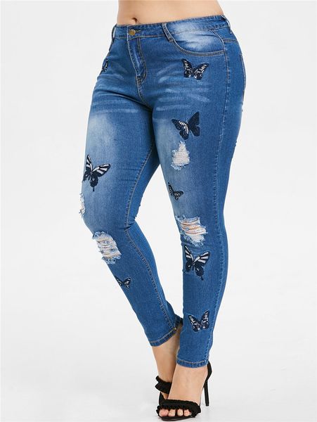 

fashion trend pencil pants fashion female clothing womens designer plus size 5xl jeans butterfly embroidery hole ripped vintage, Blue