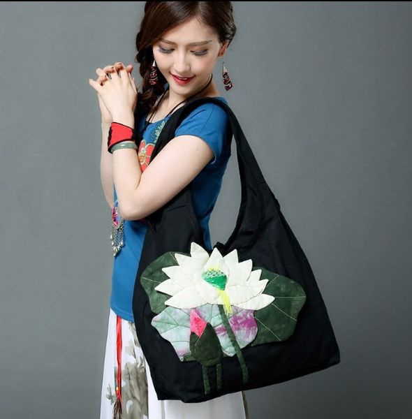 

featured ethnic style hand made three-dimensional lotus patch single shoulder bag hand-held women's bag satchel