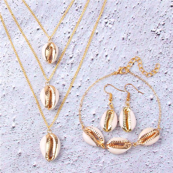 

2019 selling women shell jewelry set unique design 3 in one shells necklace+conch drop earrings+shells bracelet for women, Silver