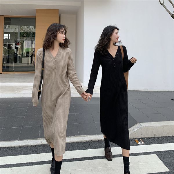 

women spring long sleeve v neck long sweater dress with buttons pullover straight knitted jumper robe, Black;gray