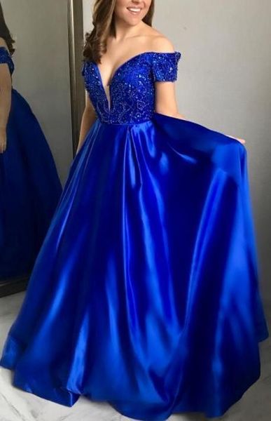 

vintage royal blue prom dresses with sleeves long satin off the shoulder crystal beads evening celebrity party formal dress gown, Black