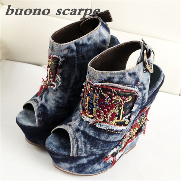 

new wedges nightclub denim rhinestone women's shoes embroidered national wind sandals, Black