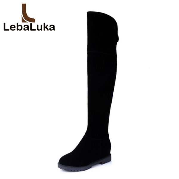 

tuyoki size 34-43 woman flat boots winter fur warm boots inside heels thigh high fashion simple long ladies shoes, Black