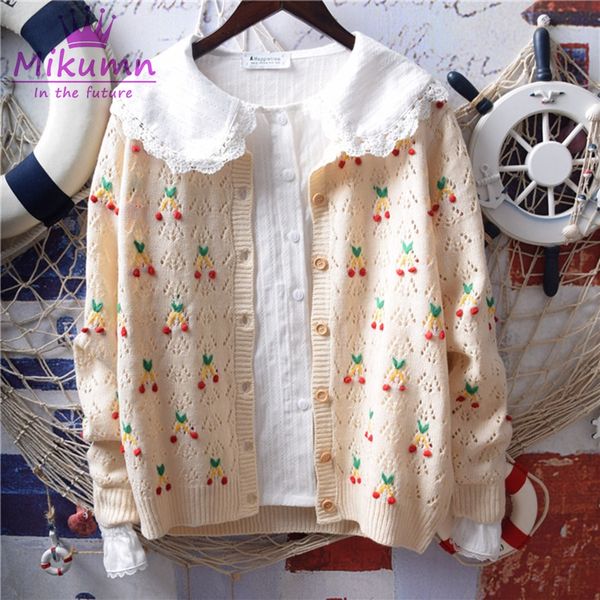 

японский мори девушка черешня вышивка крючком выдалбливают тонкий вязать кардиган пальто 2019 весна осень женщины свитер, White;black