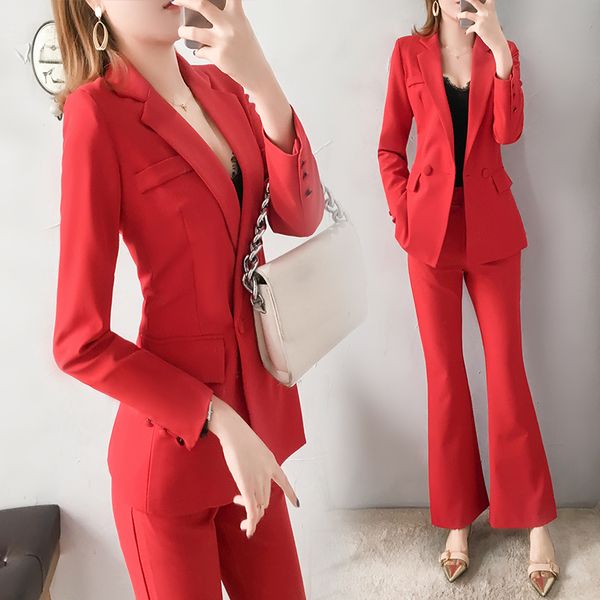 

fashion women's 2 piece sets pant suits slim red blazer jacket & flare pants office lady suit women outfits work pant suits, White;black