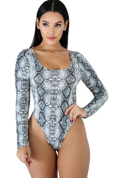 

комбинезоны для женщин sexy змеиной печати bodysuits scoop шеи длинным рукавом повседневный ползунки мода топы лето купальники купальный кос, Black;white