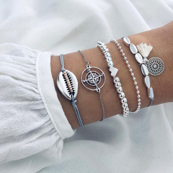 

charm new compass round bead tassel bead bracelet wood leaf woven shell five-piece bracelet, Black