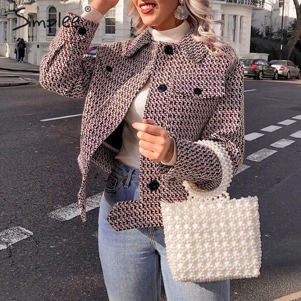 

simplee vintage houndstooth женская короткая куртка карманы на пуговицах ретро женское твидовое пальто шикарная уличная одежда дамы клетчаты, Black;brown