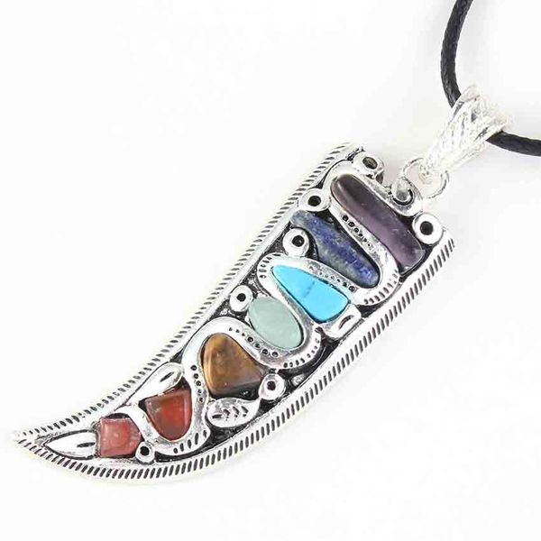 

оптовая продажа 5 шт посеребренная форма рога с слоем красочный кварцевый камень кулон с веревкой цепи исцеление чакра ювелирные изделия, Silver